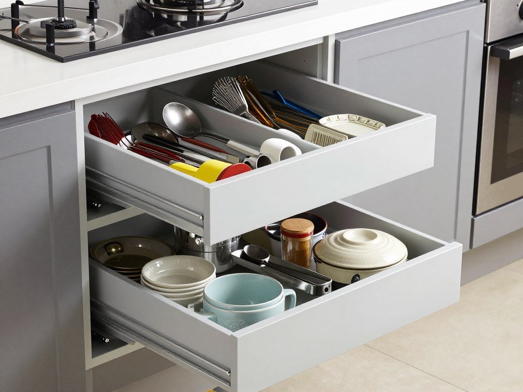 Deep drawer with two-tier pull-out organizer system for kitchen tools