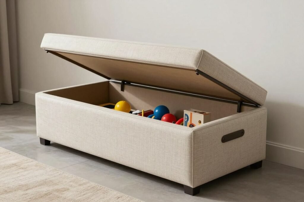 Elegant storage bench with hidden compartment open showing toys inside