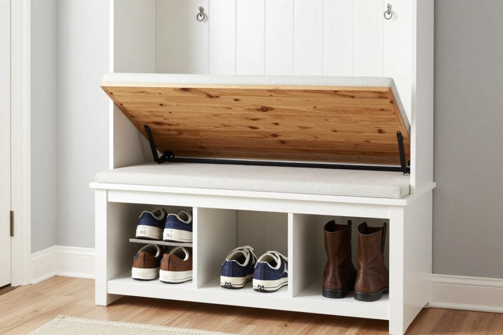 Entryway storage bench with lift-top seat and shoe cubby compartments