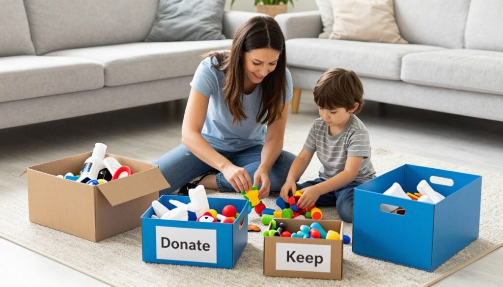 Family sorting through toys with donate and keep boxes