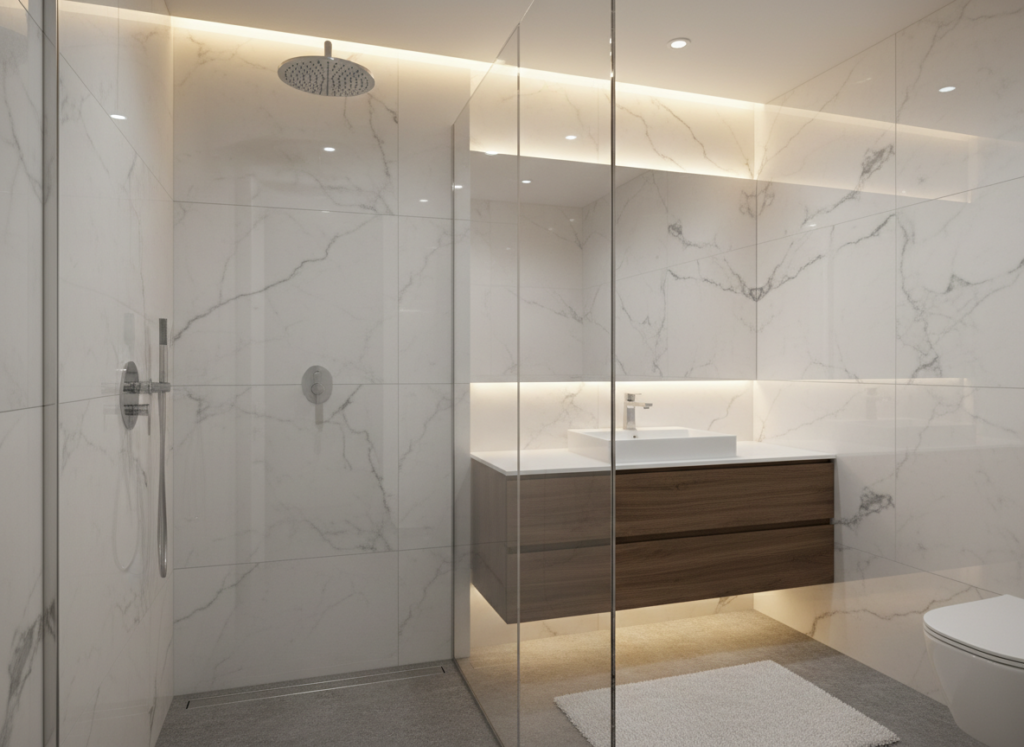 Frameless glass shower enclosure in small bathroom creating open feeling