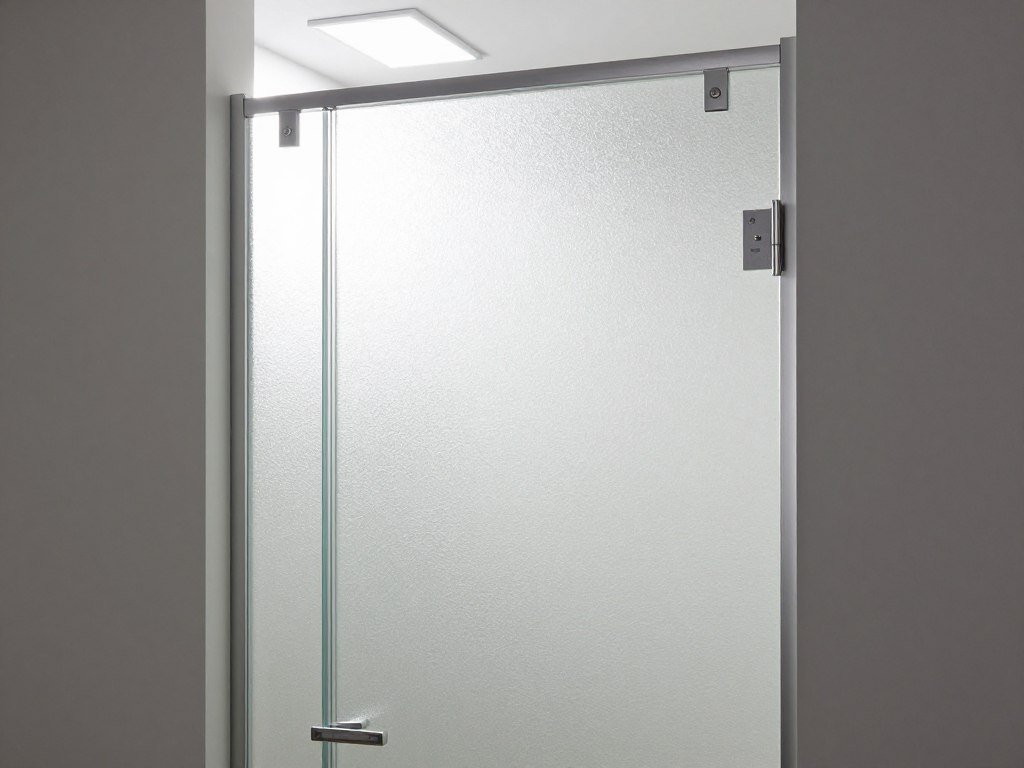 Frosted glass door providing privacy and light in small bathroom