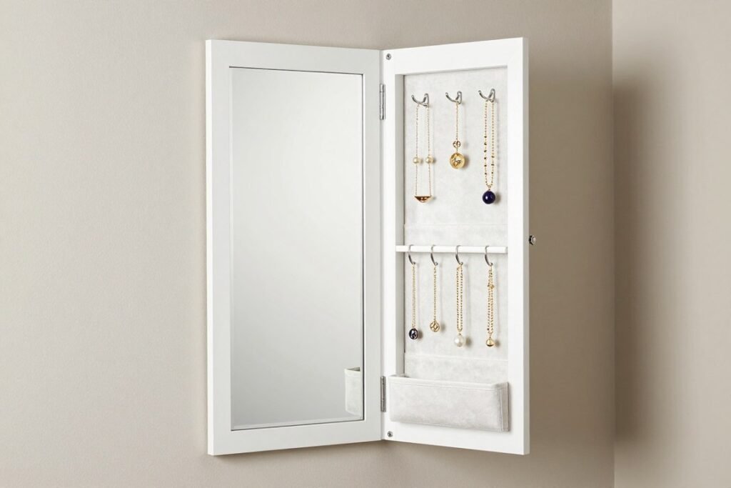 Full-length over-the-door mirror with hidden jewelry organizer compartment