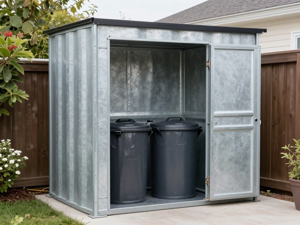 Galvanized steel outdoor bin shed with open doors