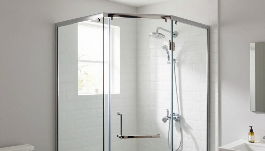 Glass shower door installation in small bathroom creating open feel