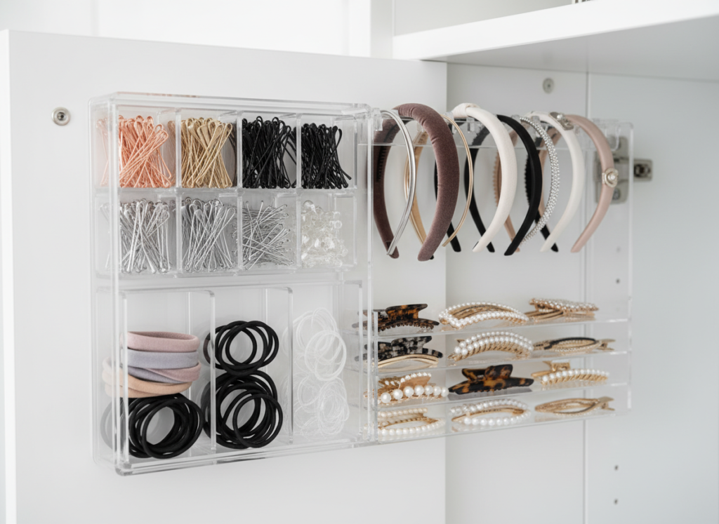 Hair accessory organizer showing sorted clips, bands, and accessories