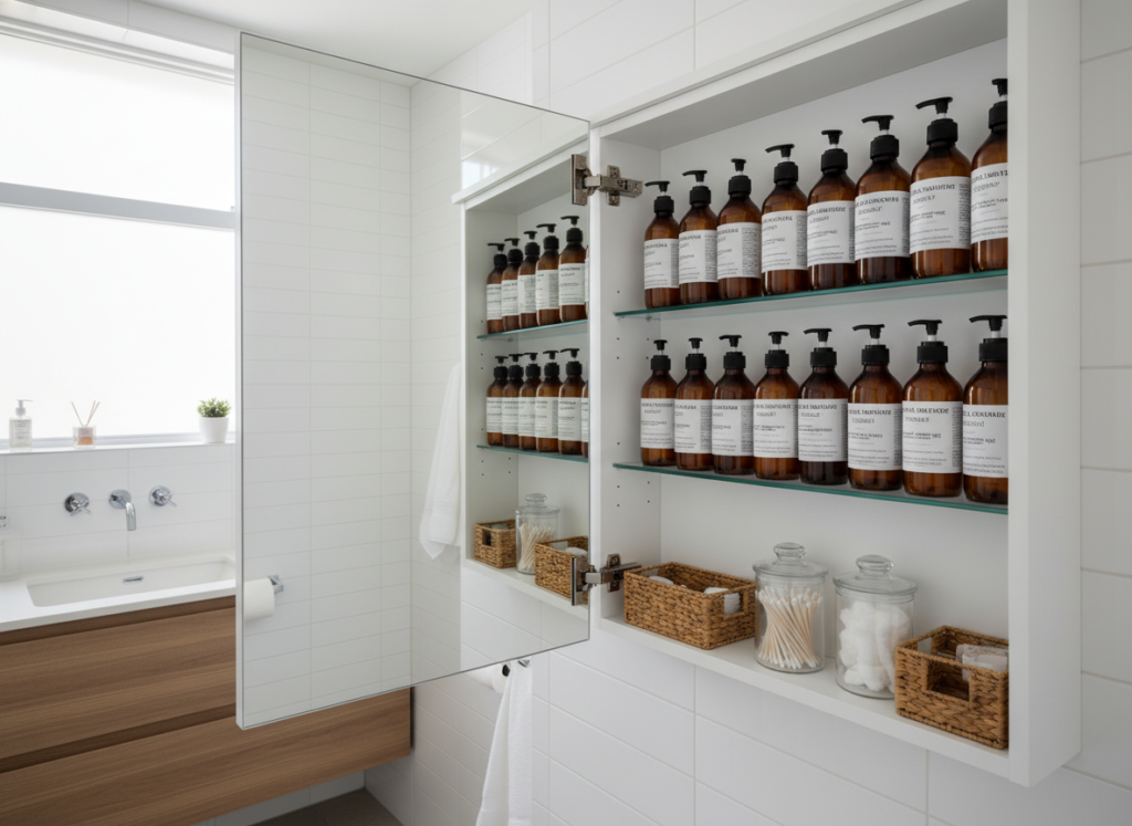 Hidden bathroom storage behind mirror showing concealed shelving