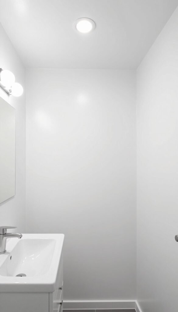 High-gloss ceiling paint reflecting light in small bathroom