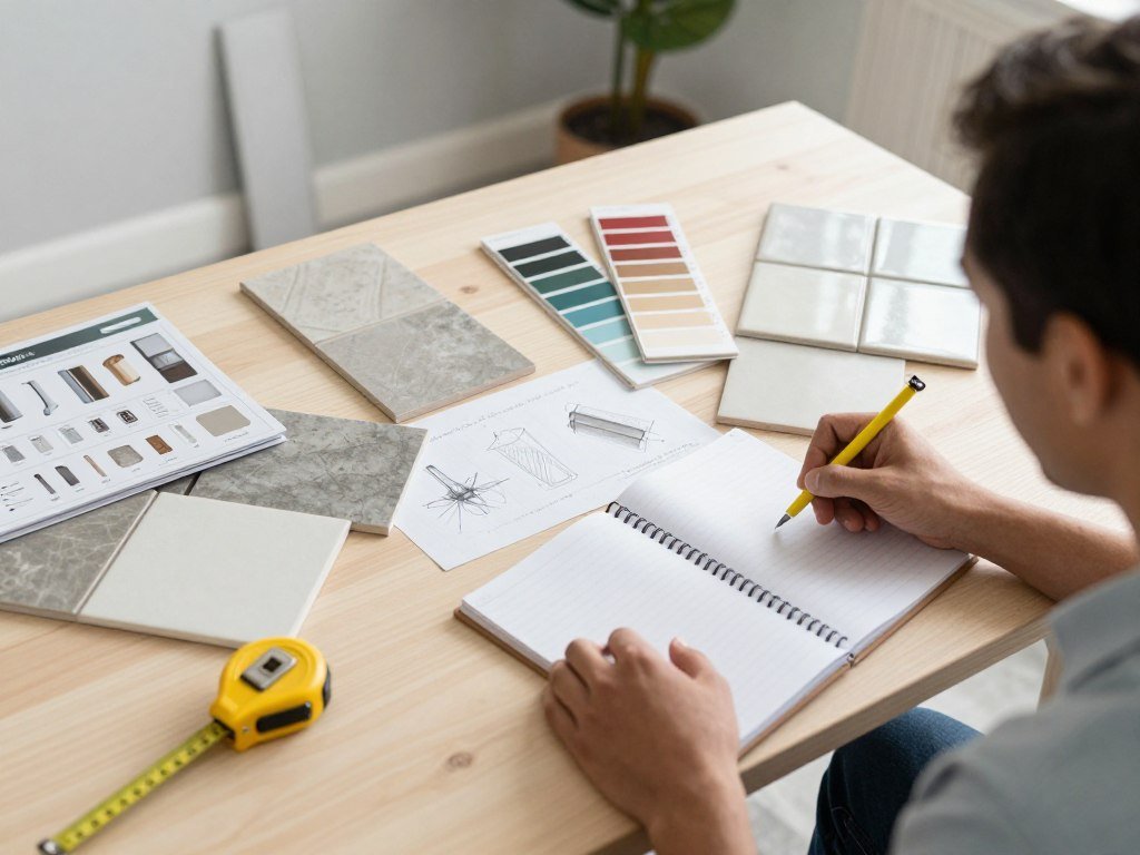 Homeowner planning small bathroom remodel with samples