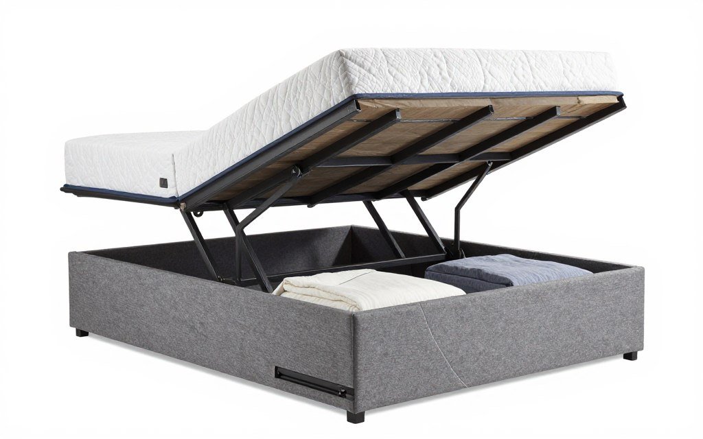 Hydraulic storage bed with lifted mattress showing large storage compartment