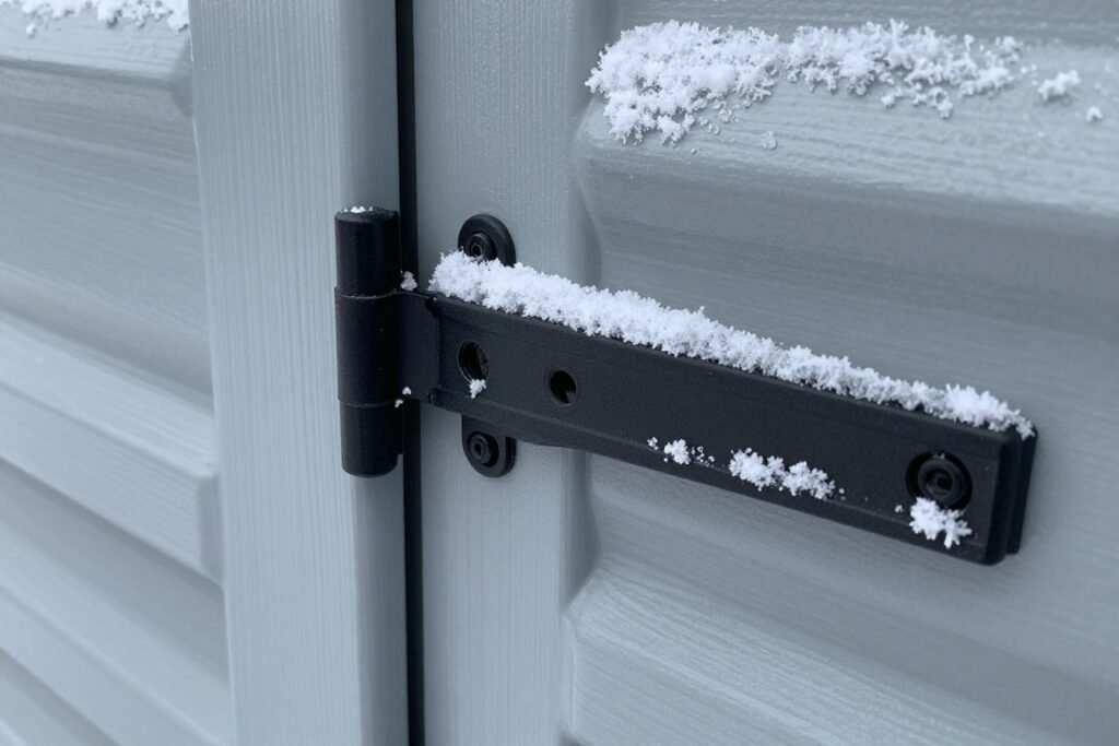 Ice-free door hinges on winter bin shed