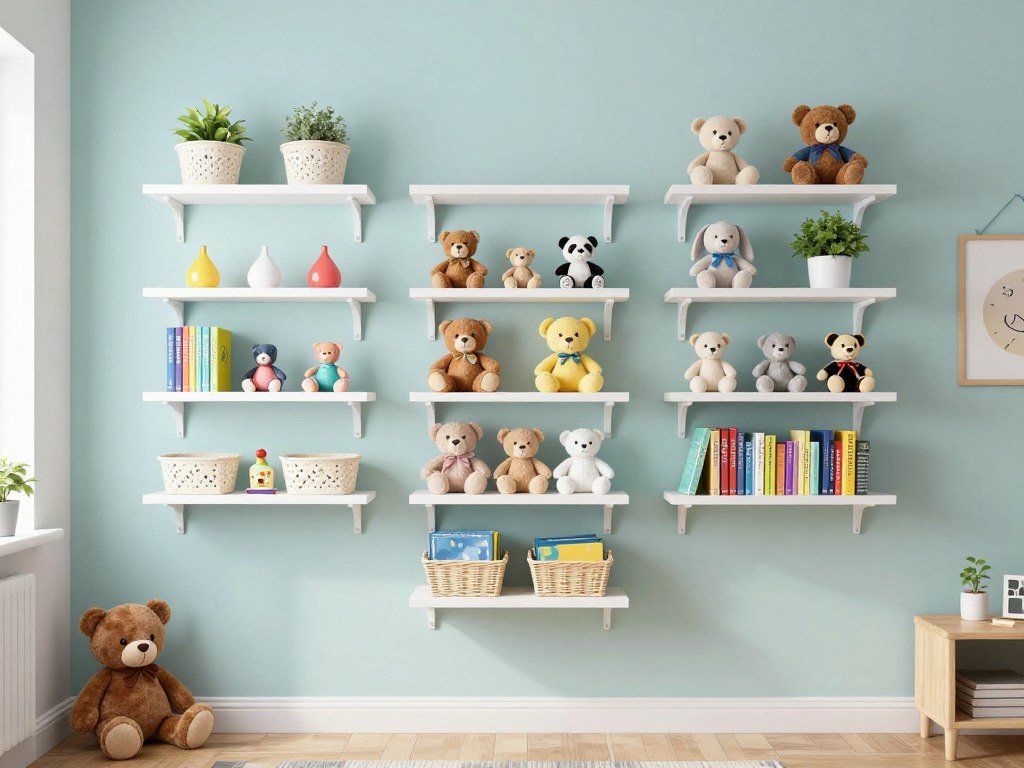 Kids bedroom wall with mounted floating shelves displaying organized toys and books