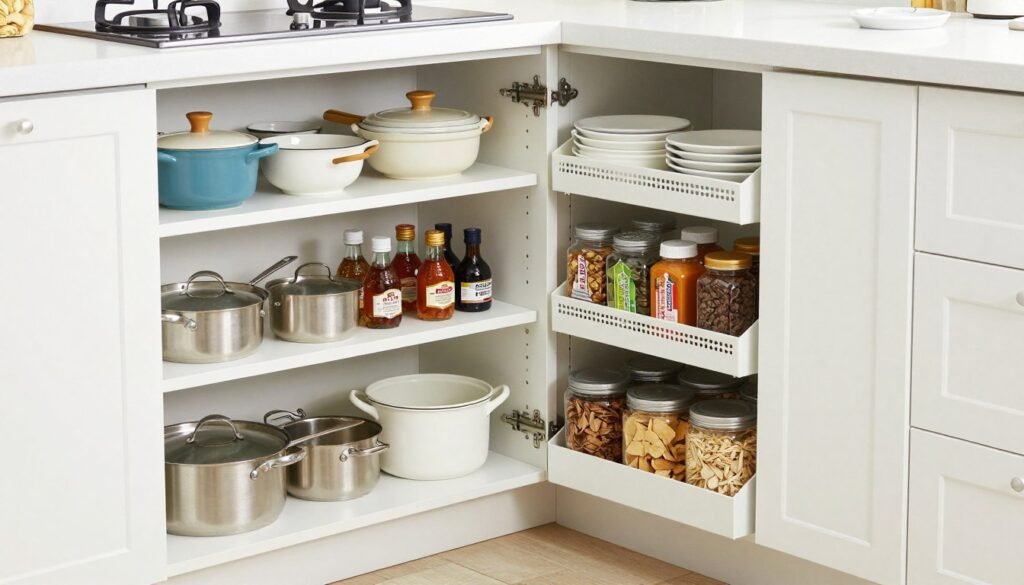 Kitchen cabinet with pull-out shelving organizers and tiered storage racks