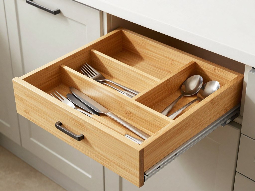 Kitchen drawer with expandable bamboo utensil organizer dividing flatware