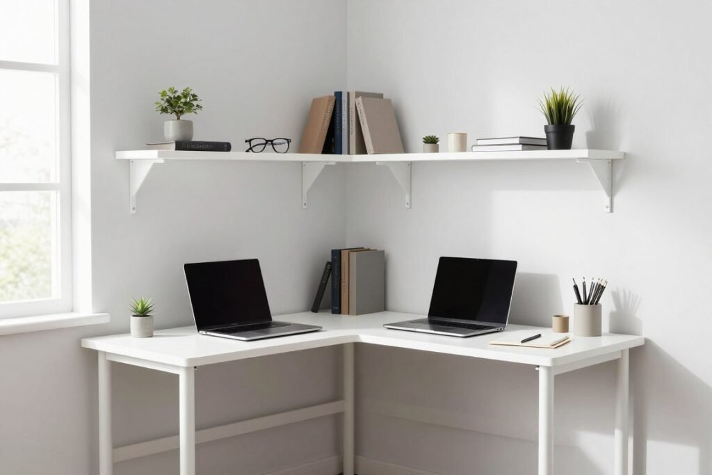 L-shaped corner desk in small home office with window view