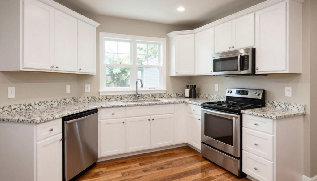 L-shaped kitchen with corner sink and adjacent counters L-shaped kitchen with corner sink and adjacent counters