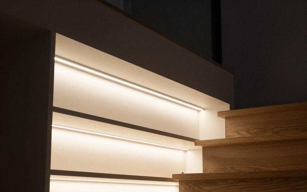 LED lighting installed in under stairs storage showing illuminated shelves