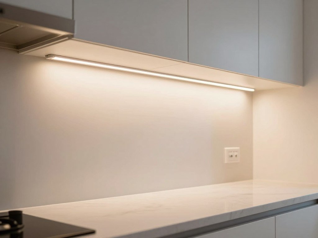 LED strip lights installed under white kitchen cabinets illuminating countertop