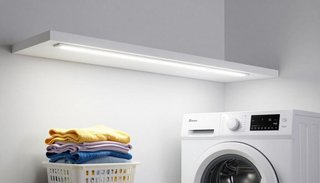LED strip lights under shelf above top loading washer illuminating laundry room workspace