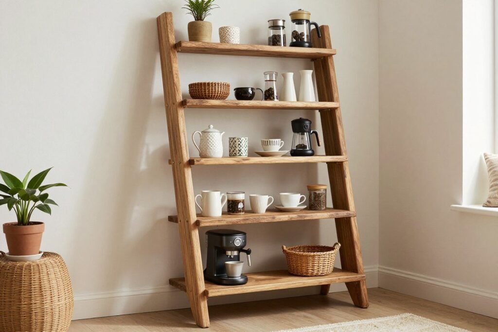 Ladder shelf styling as coffee bar