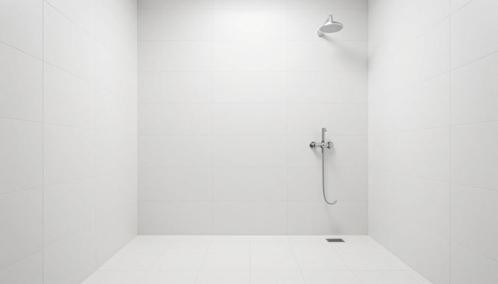 Large format tile installation in small bathroom creating seamless look