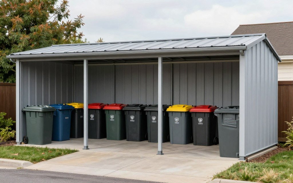 Large outdoor bin shed with multiple compartments