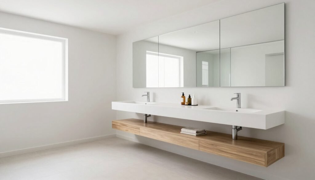 Large wall-to-wall mirror creating expansive feel in small bathroom
