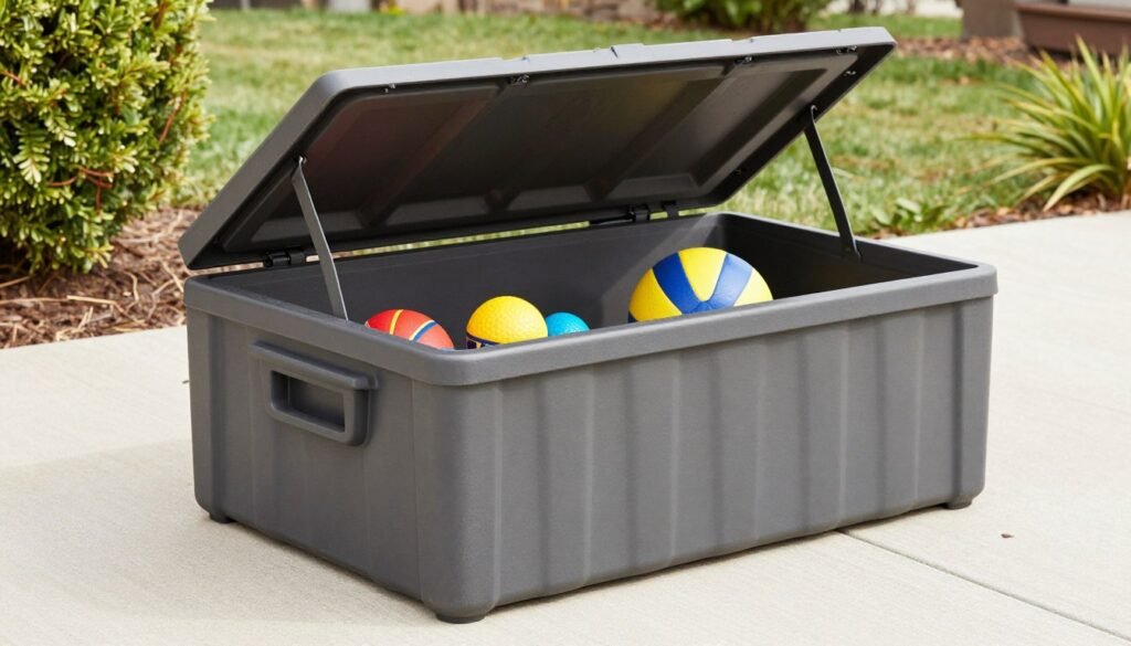 Large weatherproof deck box on patio storing outdoor toys
