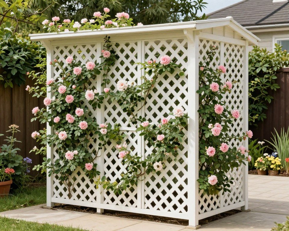 Lattice screen with climbing plants around bin shed