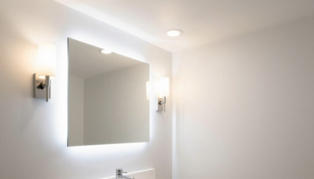Layered lighting design in small bathroom with multiple light sources