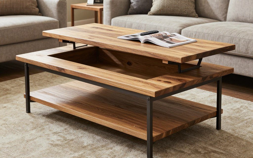 Lift-top coffee table with hidden storage compartment in rustic living room