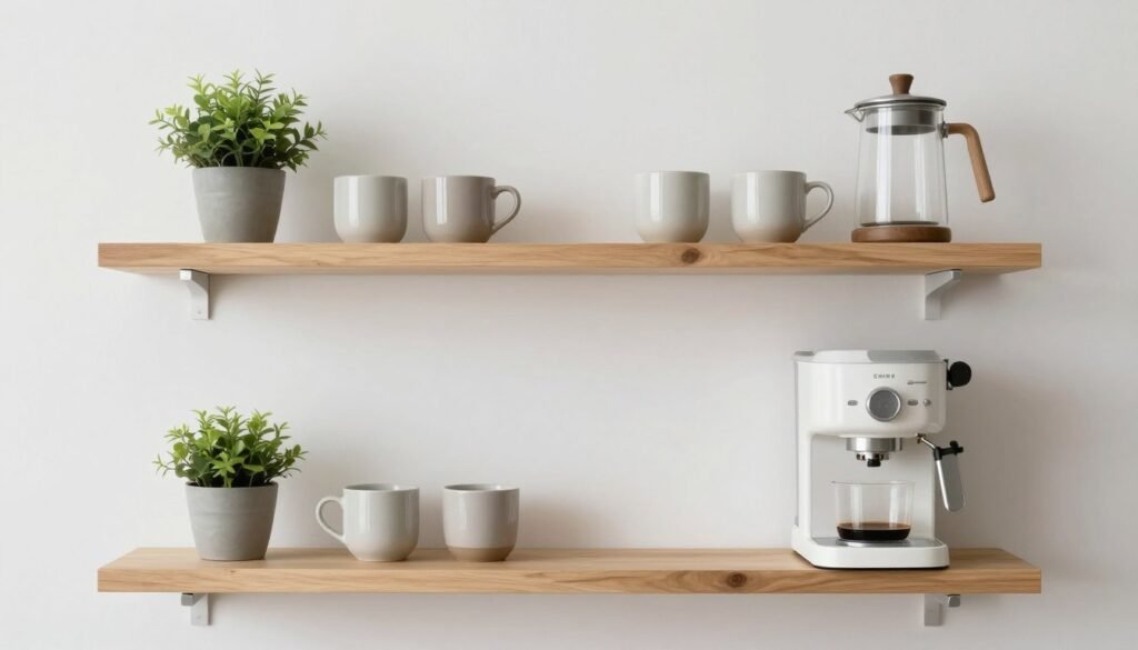 Light wood floating shelf Scandinavian coffee bar