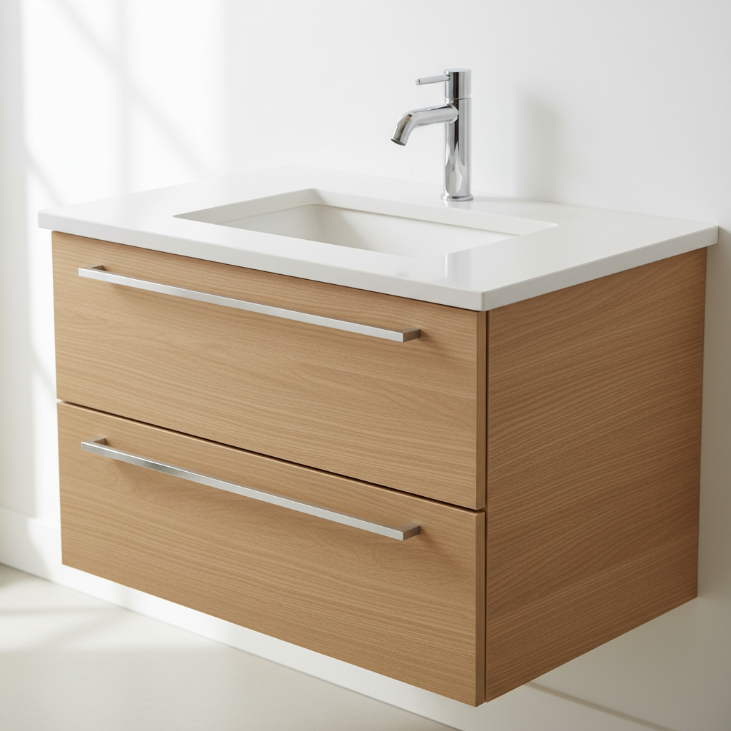 Light wood vanity in small bathroom with white walls