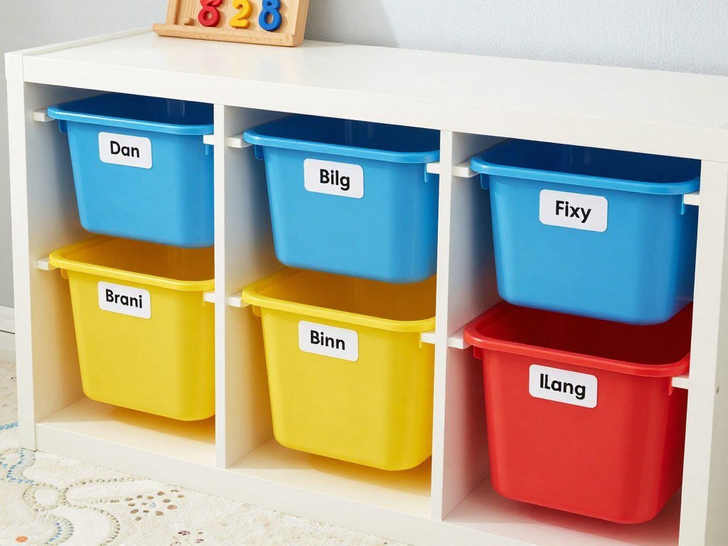 Low storage bins at toddler height with picture labels