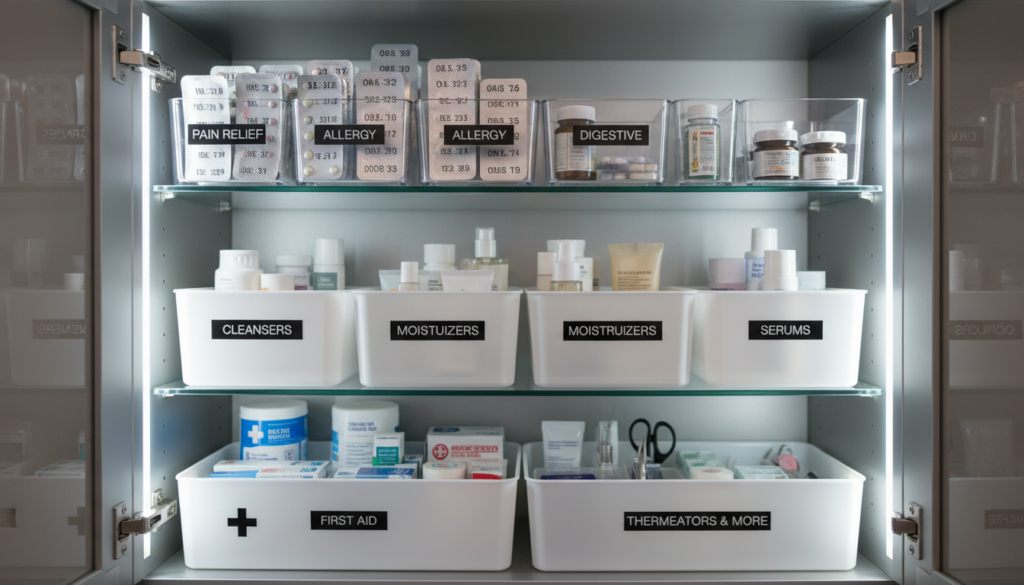 Medicine cabinet with labeled containers showing organized medications and products
