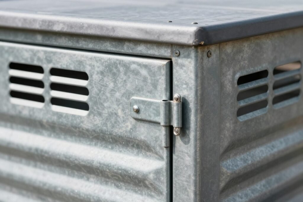 Metal outdoor bin storage with ventilation features