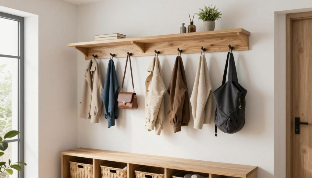 Modern entryway with wall-mounted coat rack, shelf, and storage bench