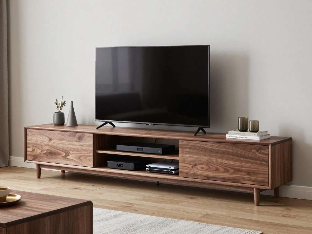 Modern media console with closed cabinets and open shelving for electronics