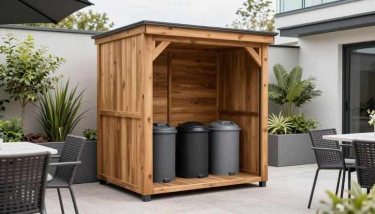 Modern outdoor trash can storage shed in backyard patio setting