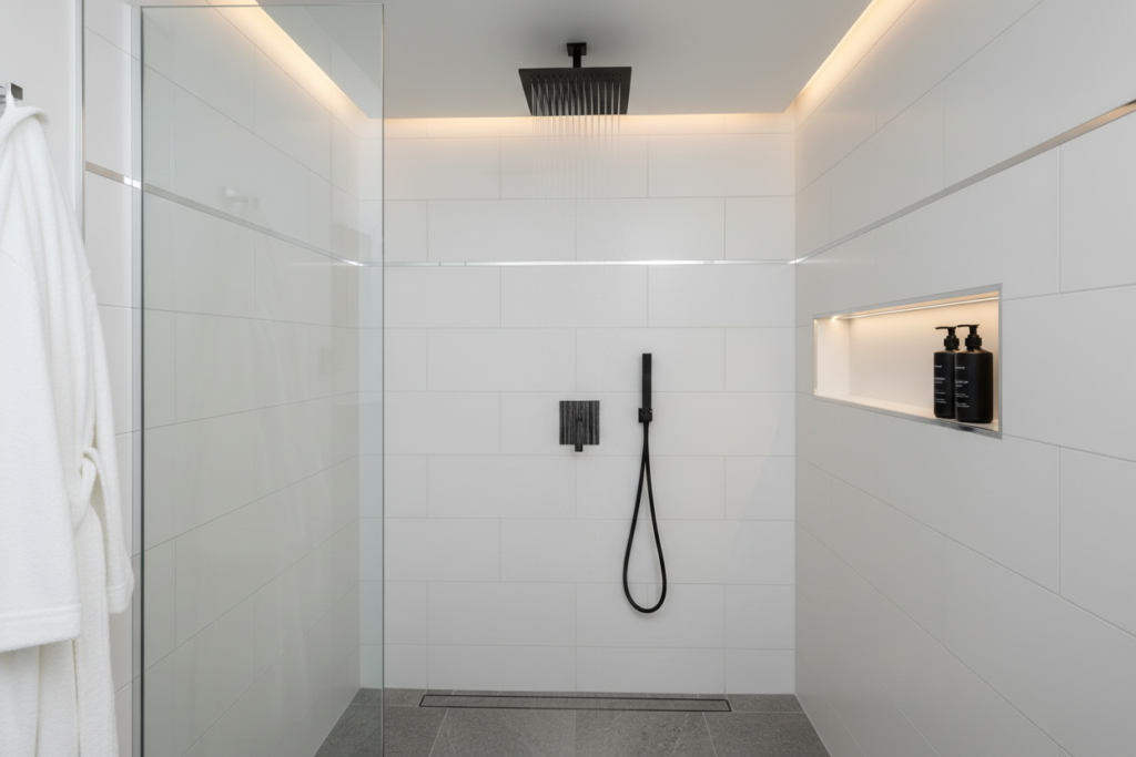 Modern shower fixtures with rainfall showerhead and handheld in small bathroom