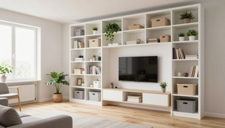 Modern small apartment living room with built-in storage solutions and minimalist design