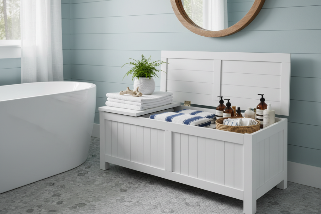 Multi-functional bathroom storage bench with hidden compartment