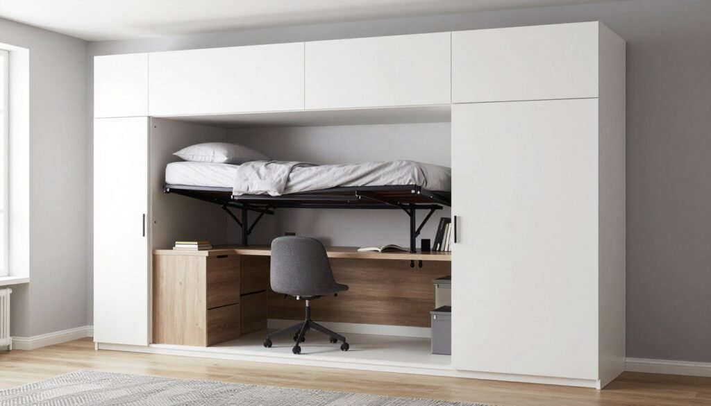 Murphy bed folded into wall cabinet revealing home office space underneath