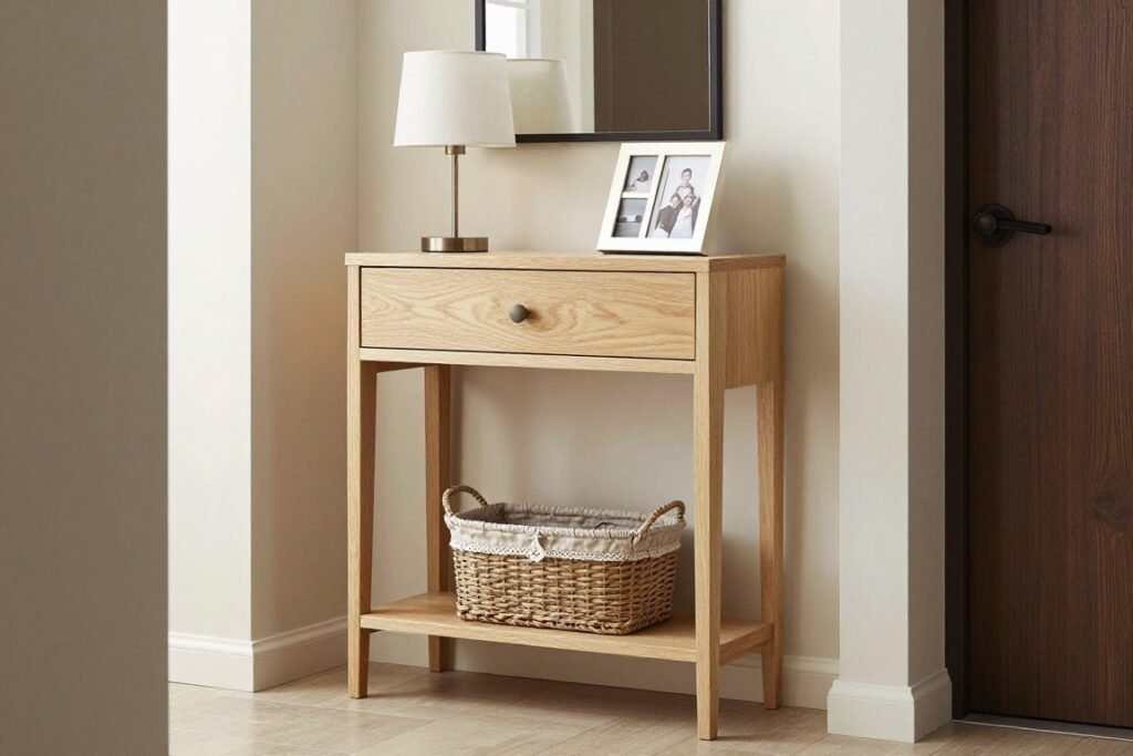 Narrow console table with drawer storage in compact apartment entryway
