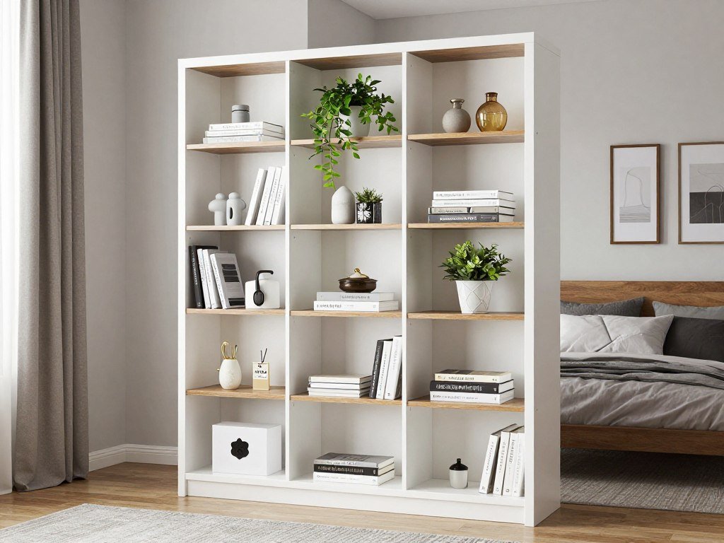 Open bookcase used as room divider in studio apartment creating defined spaces