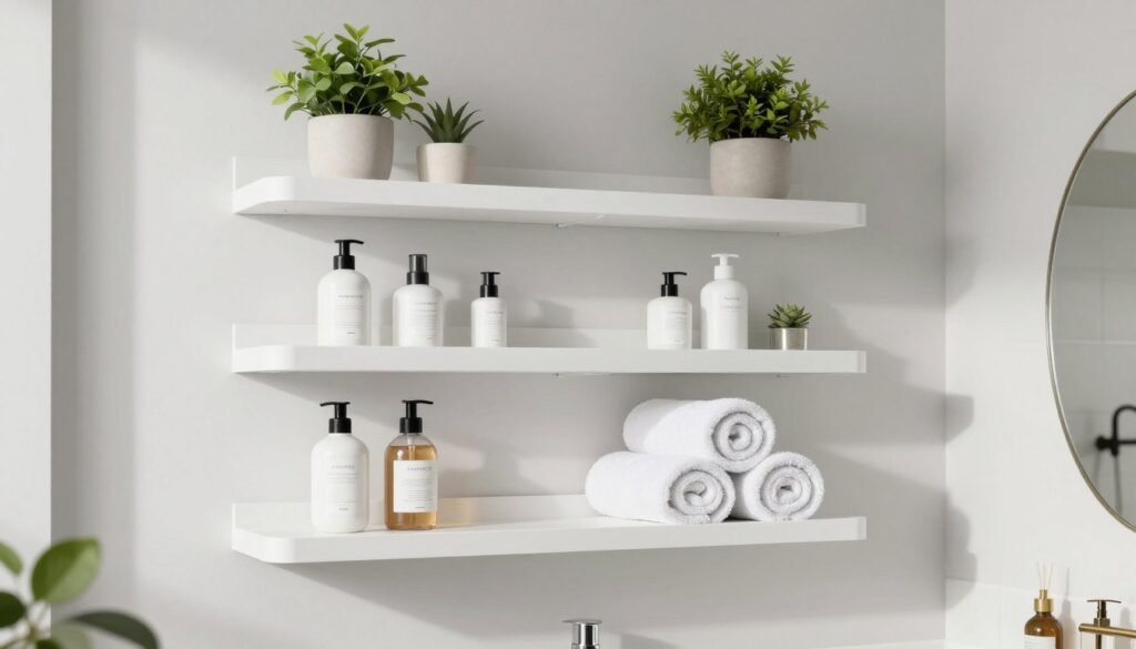 Open shelving in small bathroom creating airy organized storage