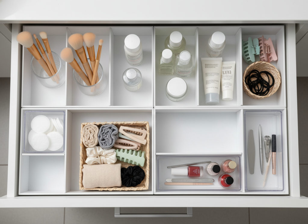 Organized bathroom vanity drawer with compartmented organizers for toiletries