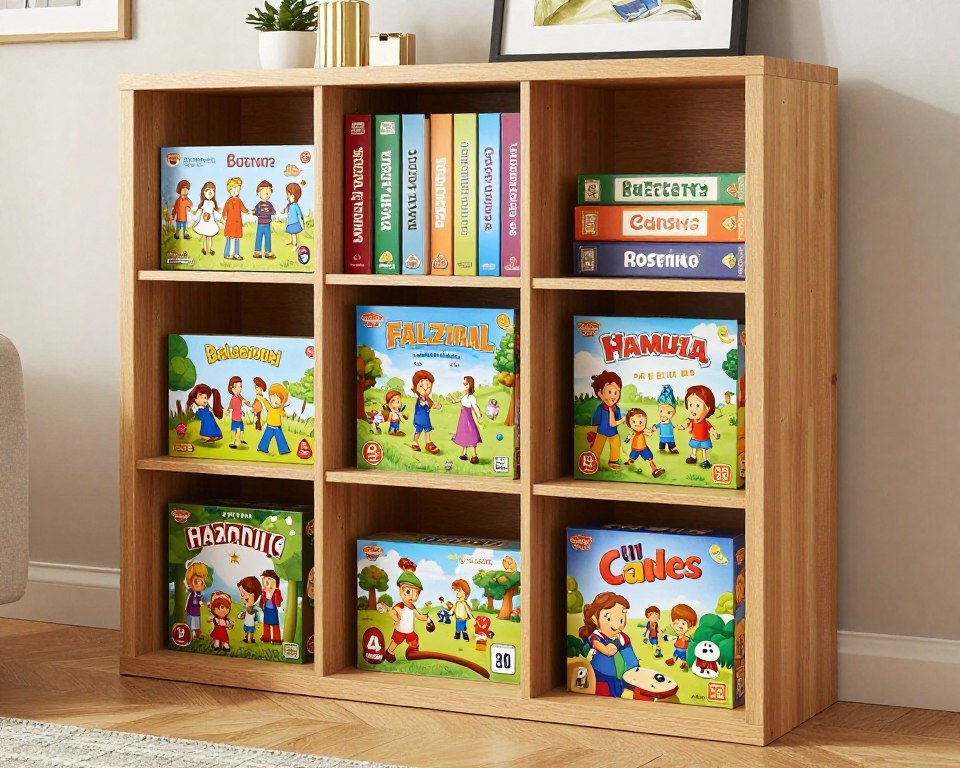Organized board game storage on bookshelf with games standing vertically