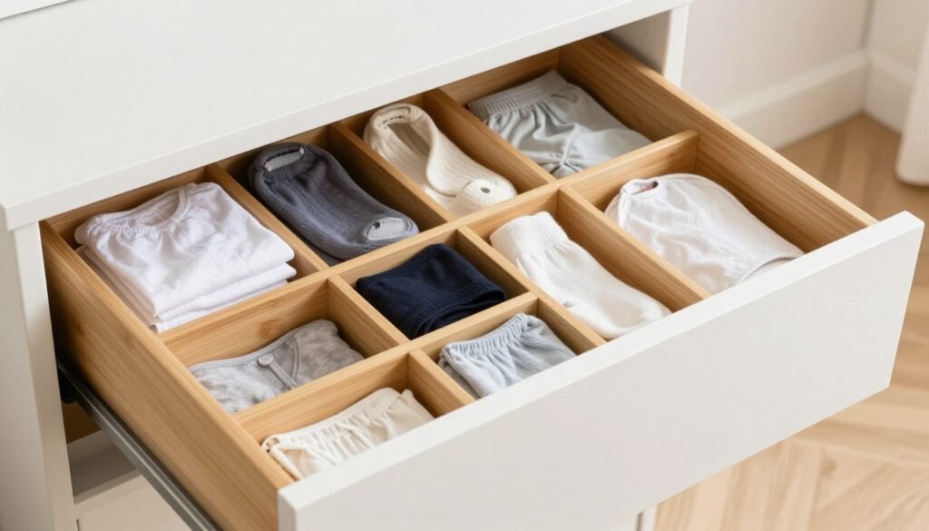 Organized dresser drawer with adjustable dividers separating clothing items