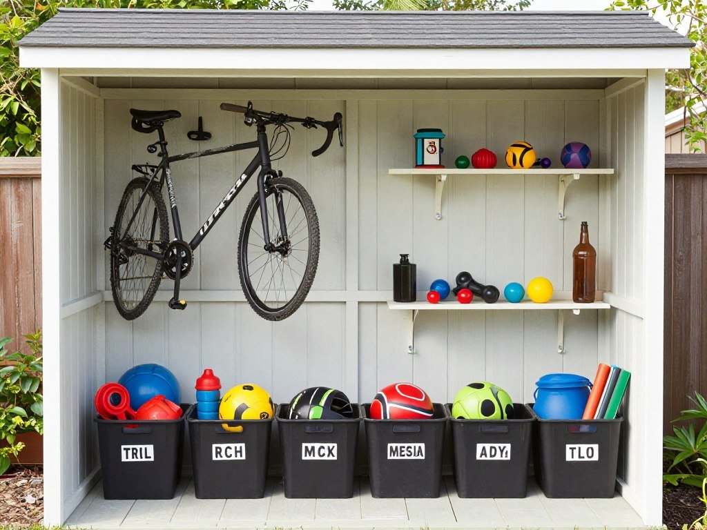 Organized garden shed interior with wall-mounted toy storage